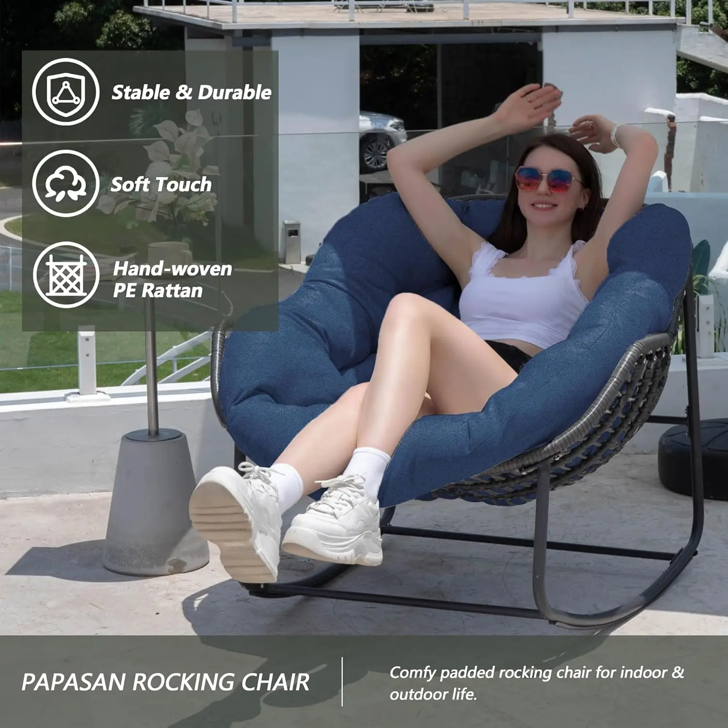 Pátio Wicker Egg Chair, Indoor e Outdoor Double Papasan Chair com almofada acolchoada, Royal Rattan Rocker para varanda frontal