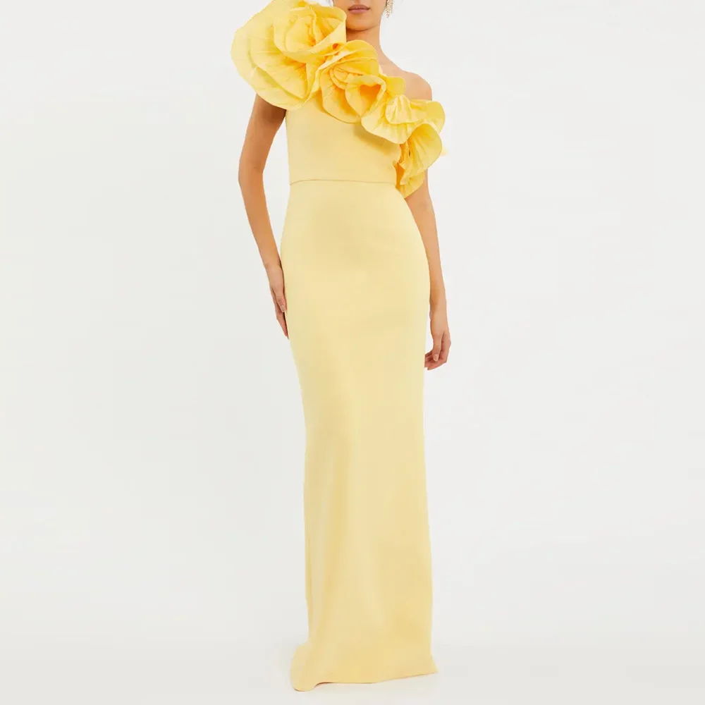 

Muloong Yellow One Shoulder Mermaid Midi Dress Ruffle Taffeta Neckline Floor Length Back Split Classic Luxury Evening Dress