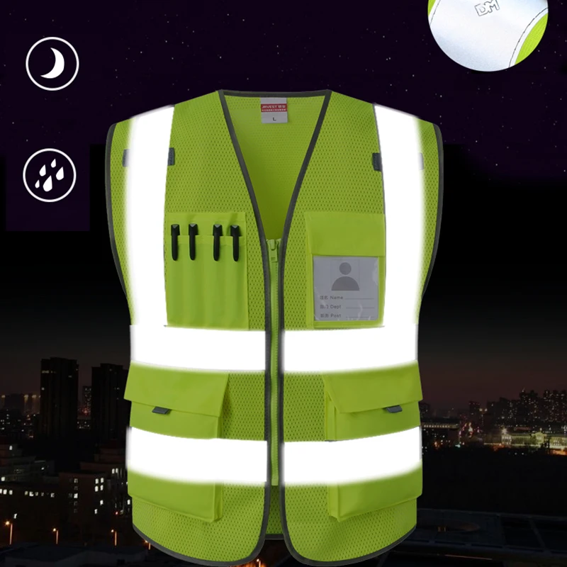 7 Pockets Class 2 High Visibility Zipper Front Safety Vest With Reflective Strips Night Security Vest Safety Clothing Workwear