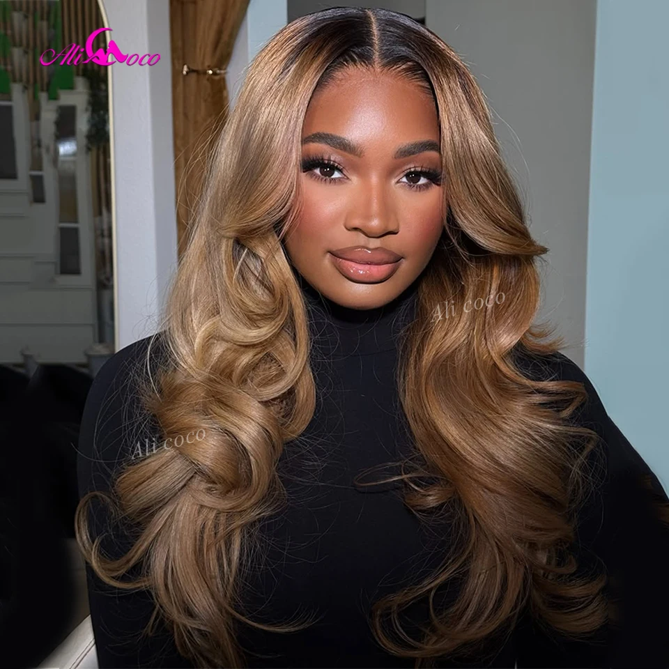 

# Парик из натуральных волос Body Wave с черным корнем, плотность 180%, с кружевной застежкой 13x6, омбре медово-русый, предварительно прорезанный, для женщин