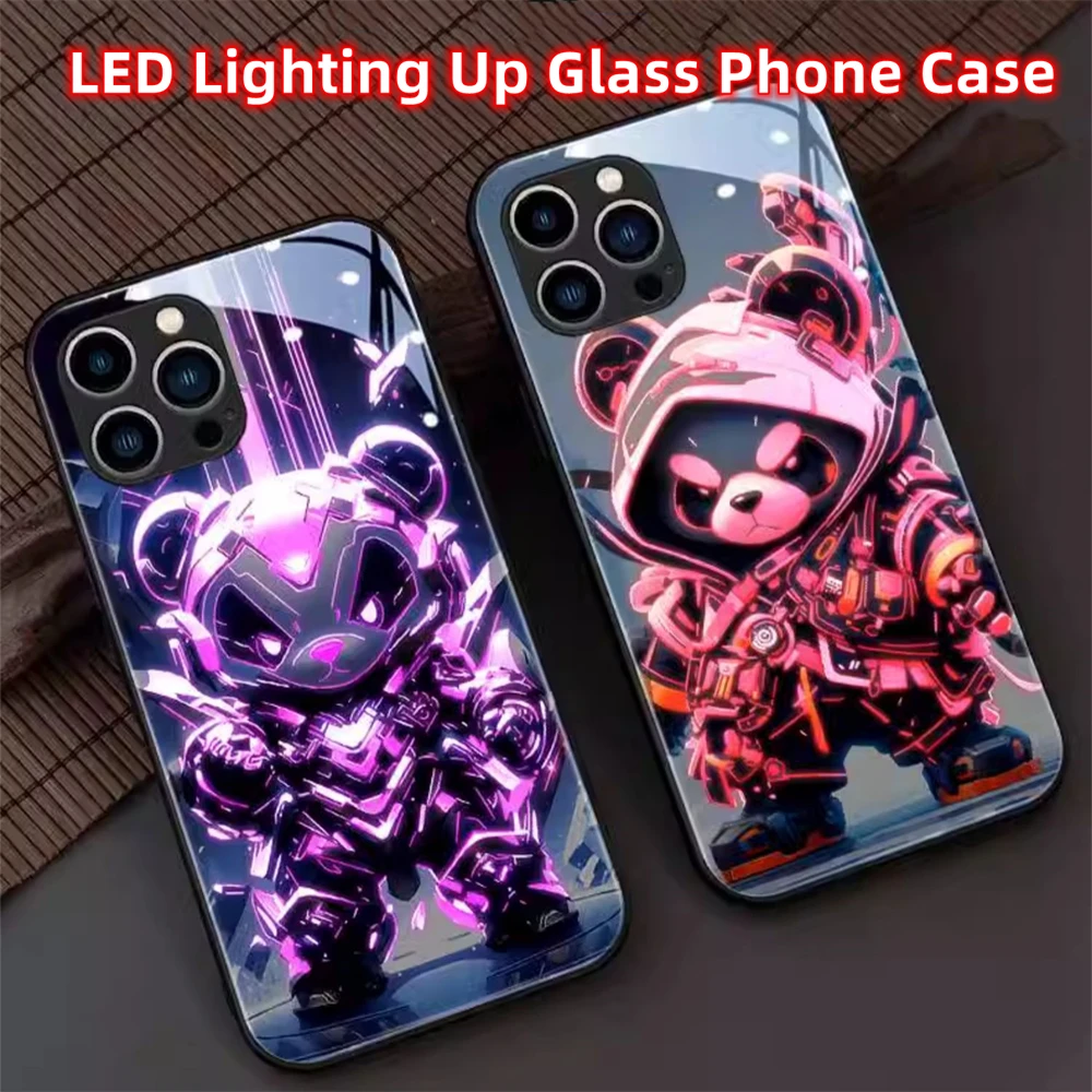 So Cool Panda Warrior Design LED Light Glow Luminous Phone Case For Samsung S24 S23 S22 S21 S20 FE Note 10 20 Plus Ultra A54 A14