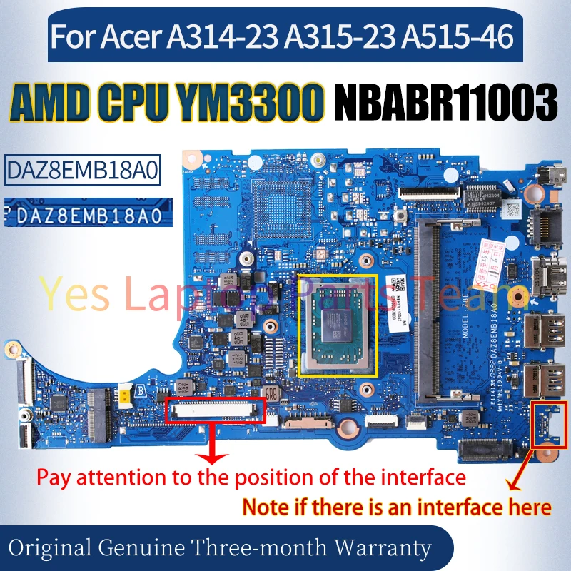 DAZ8EMB18A0 For Acer A314-23 A315-23 A515-46 Laptop Mainboard NBABR11003 AMD CPU YM3300 100% fully Tested Notebook Motherboard