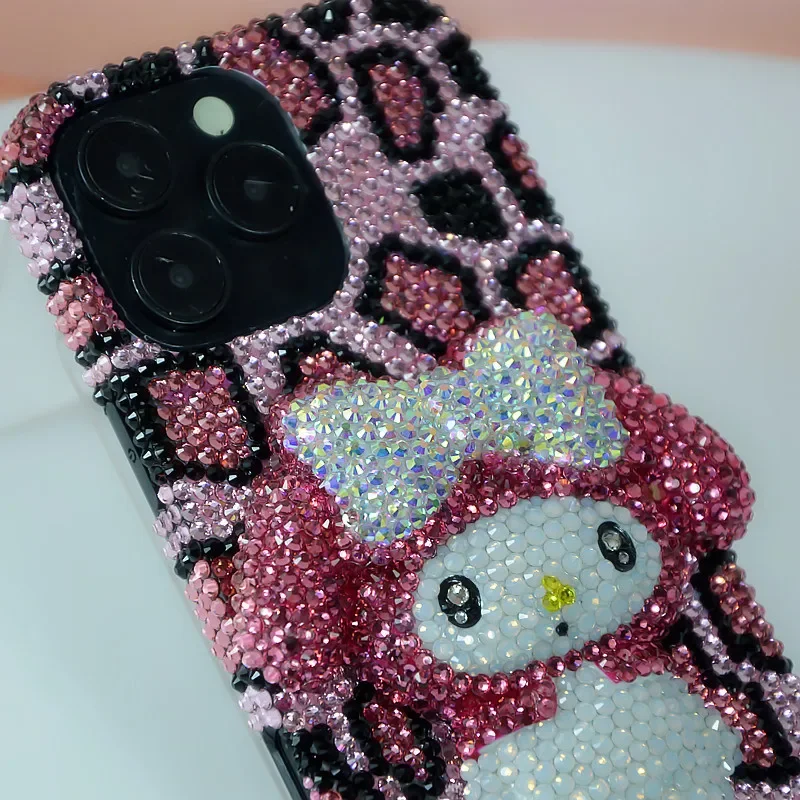 

Sanrio Anime Melody Kawaii New 2025 Iphone Phone Case for Iphone11-16Pro Max Pink Leopard Print Rhinestones Girls Festival Gift