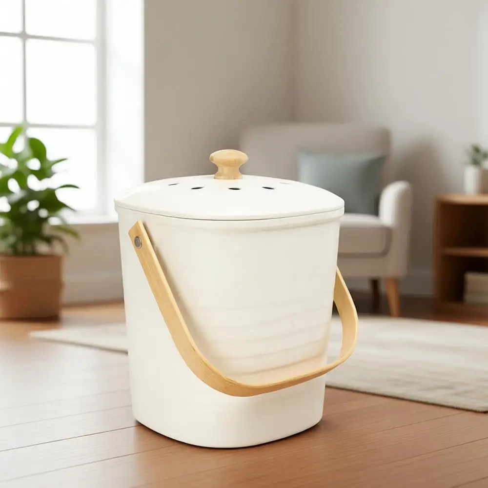 

Настольная маленькая бамбуковая компостная корзина с угольным фильтром и крышкой, бежевая