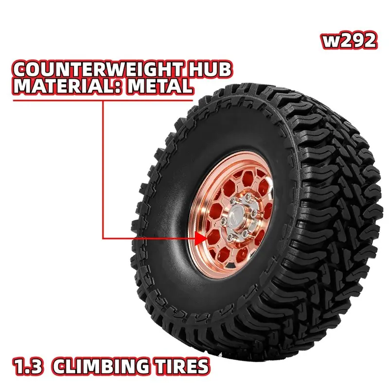 Rubber Tires& 1.3 Inch Metal Beadlock Counter-Weight Wheel Rims, RC Crawler Tyres For SCX24, TRX4M, 1/24 For RC Car