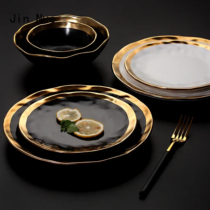 

Europäischen Schwarz Gold Keramik Platte Westliche Küche Matte Goldene Hub Steak Pasta Teller Kreativität Retro Salat Gerichte