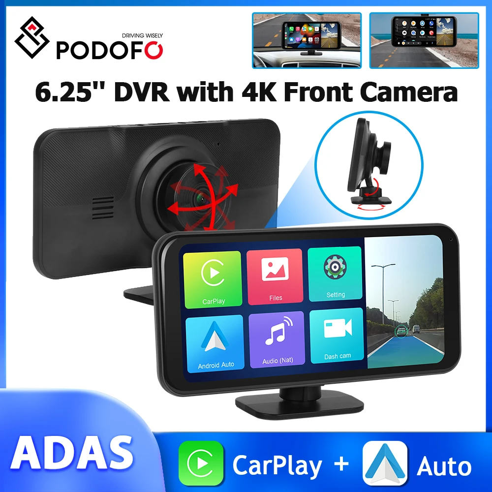 

Podofo 6.25'' Car Monitor Dashboard CarPlay Android Auto 4K Front Camera Night Vision Bluetooth Driving Recorder WiFi Dash Cam