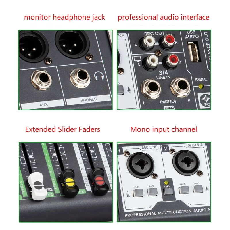 Compact 4 Channel Audio Mixer with Studio-Level Audio Built-in Mic 48V Phantom Type-C Computer Power Supply DJ Mixer Board