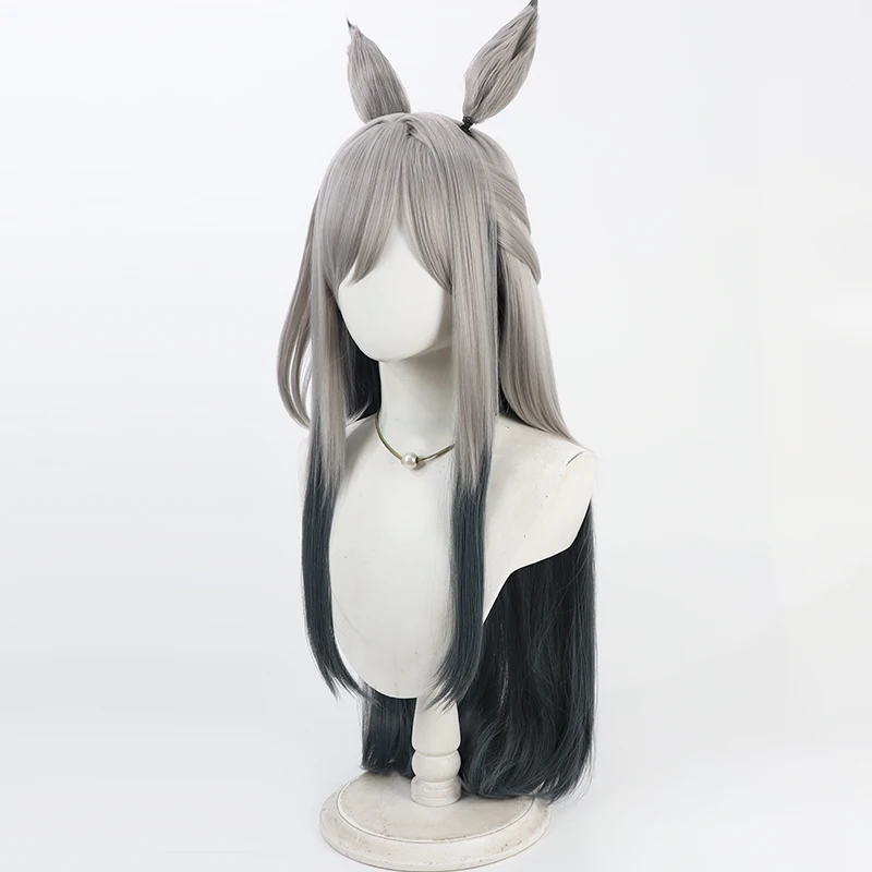 Peruka do cosplayu Anime Umamusume Pretty Derby Chrono Genesis, syntetyczne włosy, szare, uszy i ogon zwierzęce, rekwizyty na Halloween, imprezę karnawałową