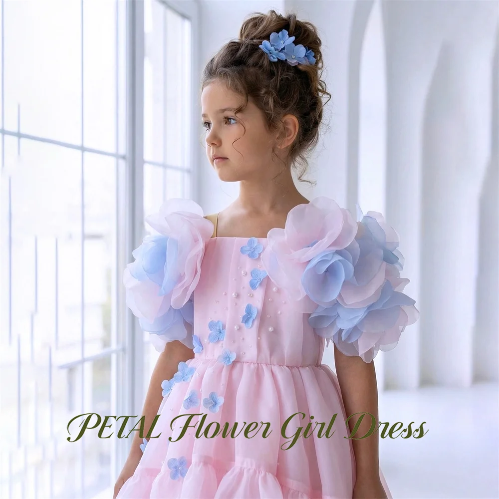 Petal Small Blue Flower Princess Girls Dress with Pearls Kids Birthday Party Dress Light Pink Tutu Fluffy Prom Gown Customized