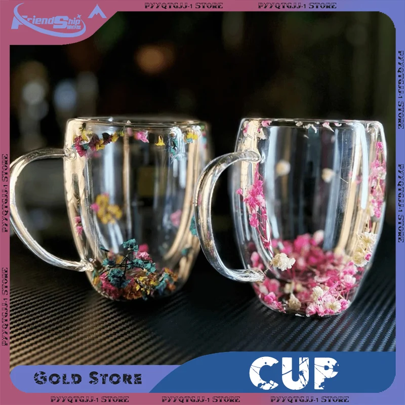 

350ml Dried Flower Cup Double Insulated Wall Glass Transparent Milk Coffee Mug with Handle Hot and Cold Tea Cups Beverages Cups