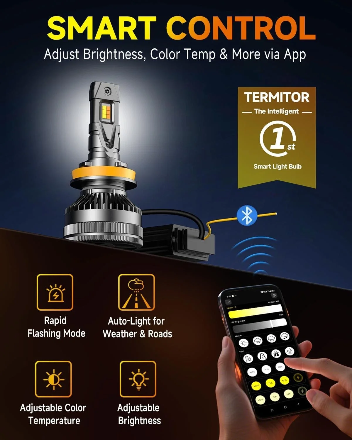 Termitor Smart H11/H8/H9/H16 LED Headlight Bulb, 0-200000LM 2000% Super Brighter, App-Controlled Dimming & Color Temperature, 3000K Yellow to 6500K Cool White for Bluetooth High/Low/Fog Light Beam, Plug and Play, Pack of 2
