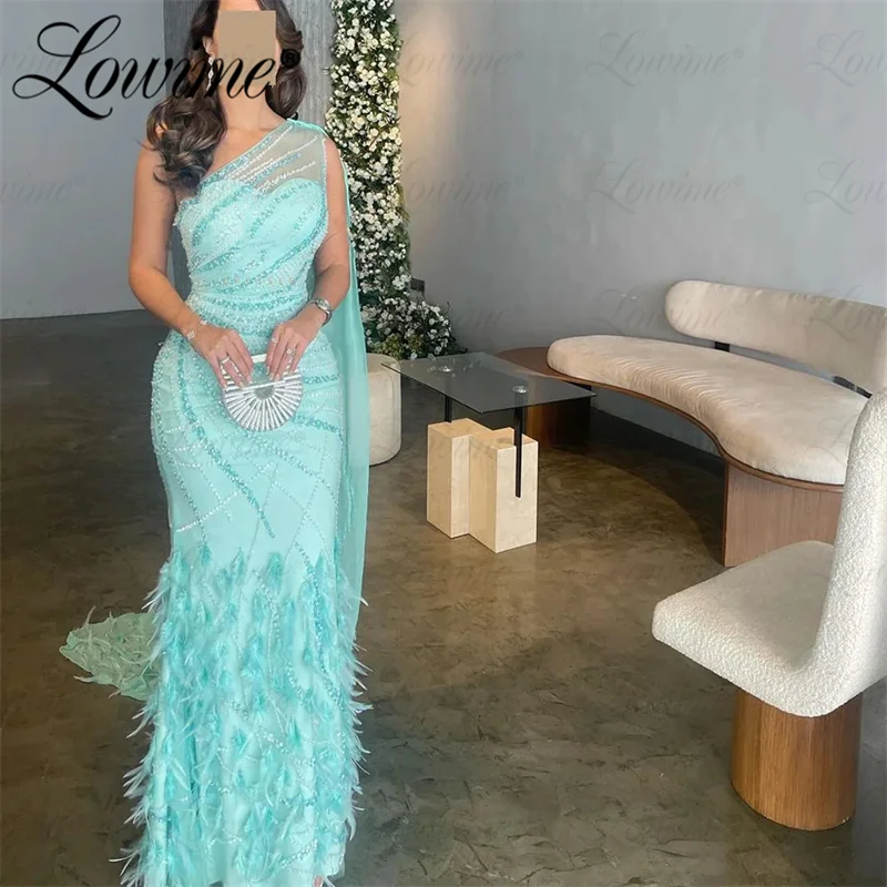 Lowime Mint Green Feathers Evening Dresses Women's Wedding Cape Beaded Handmade Long Celebrity Dresses Robe De Soiree Prom Gowns