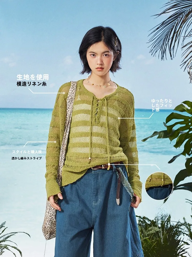 

Японская женская футболка Maood свободного кроя в полоску с вырезами и шнурком, универсальная, с защитой от УФ-излучения, с длинными рукавами