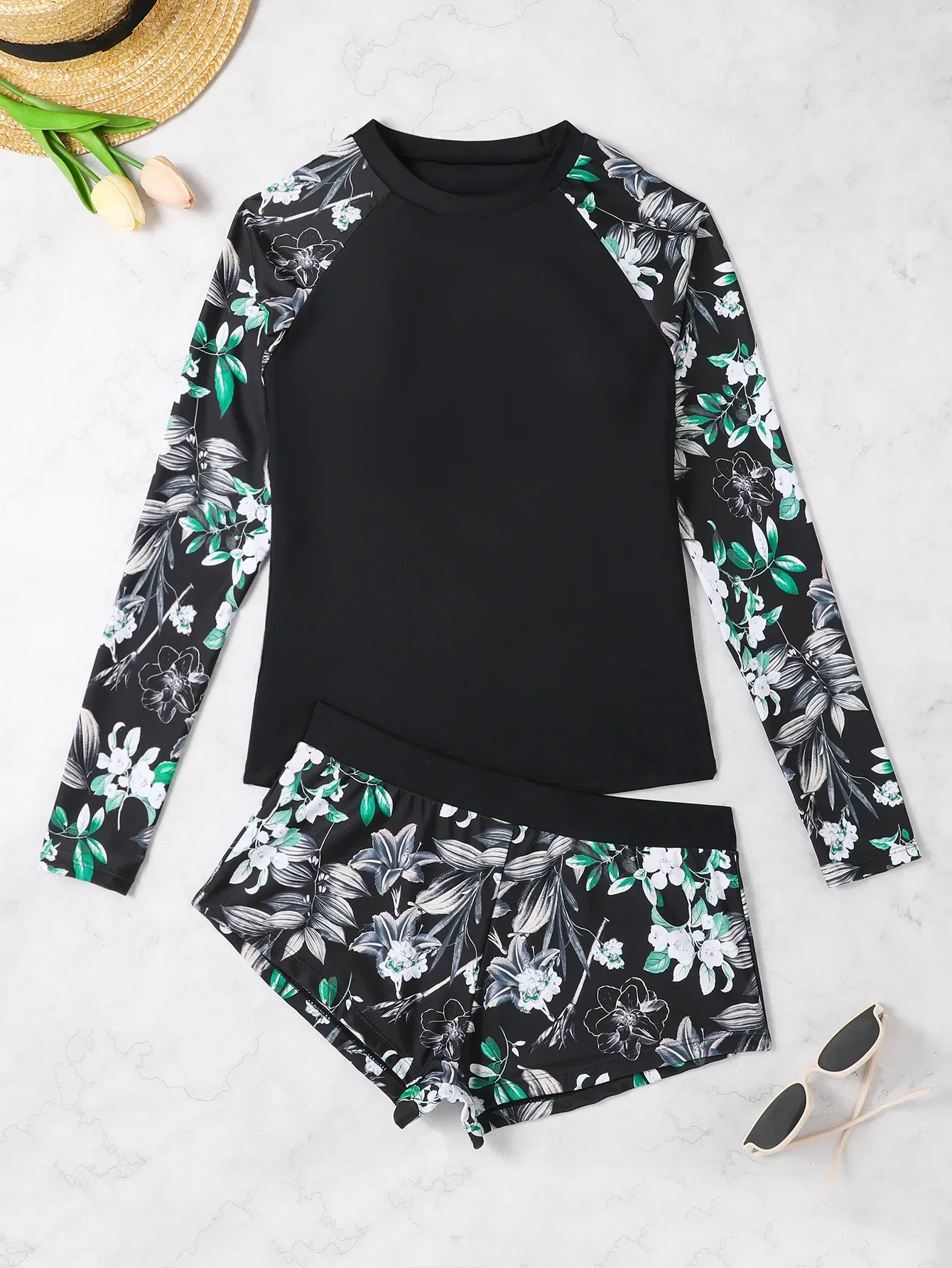 2025, Blumen-Badeanzug, Tankini-Set, Damen-Bademode, Sport, Strandkleidung, Badeanzüge mit Shorts, Mädchen, langärmelig, Damen-Rashguards