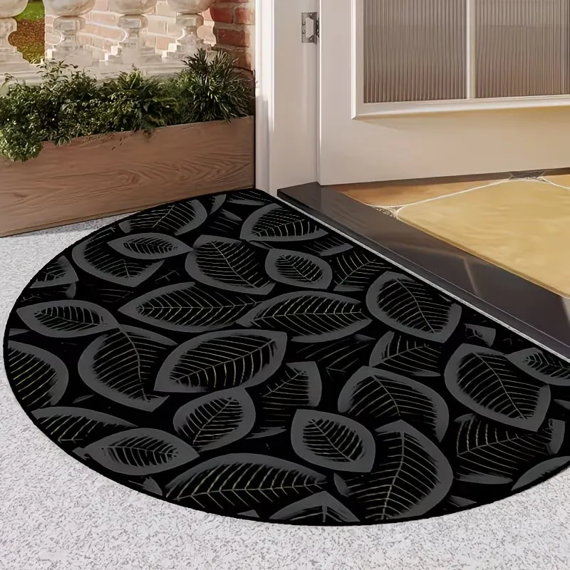 Black Leaf Half Circle Entrance Mat Non-Slip Welcome Doormat Washable Front Door Rug Creative Semi-Circle Indoor Floor Rug Mat
