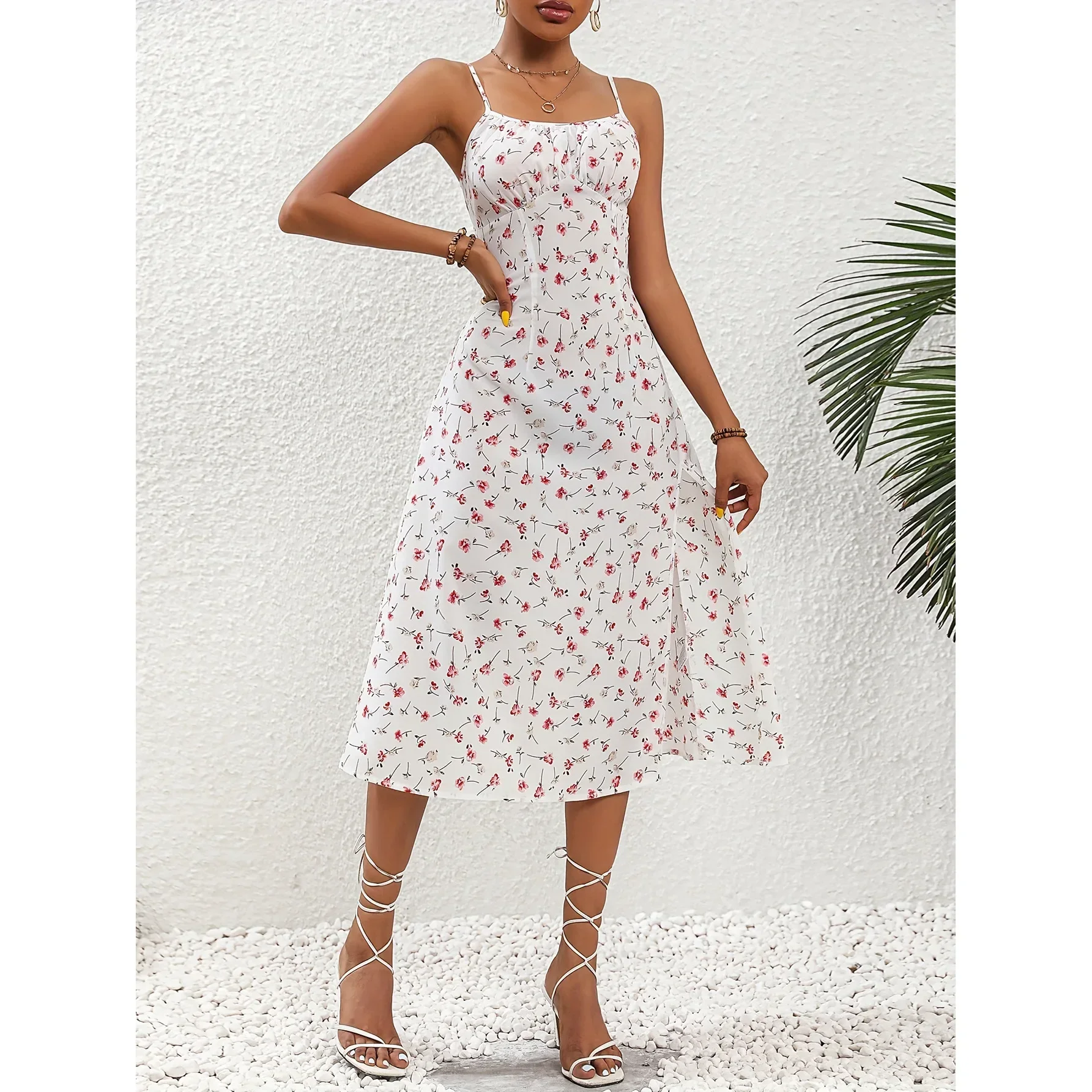 

Women Floral Print Spaghetti Straps Summer Boho Beach Dress Print Elegant Suspenders Square Neck Slit Dress Vintage Vestidos Y2k
