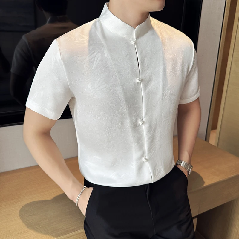 Chinese Style Stand Collar Shirt for Men  Smooth Jacquard Casual Shirt Slim Fit Short Sleeve Business Social Streetwear Shirt