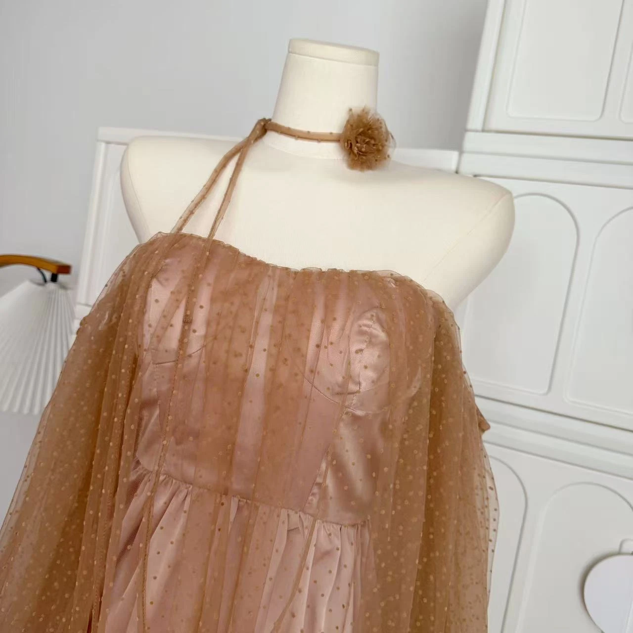 Feminino chique duas camadas bolinhas guaze fora do ombro mini vestido senhora primavera verão high street holliday festa vestido de manga longa