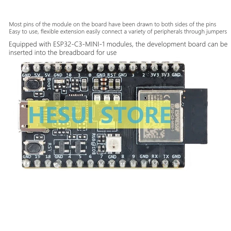 ESP32-C3-DevKitM-1 development board module is equipped with the ESP32-C3-MINI-1 module
