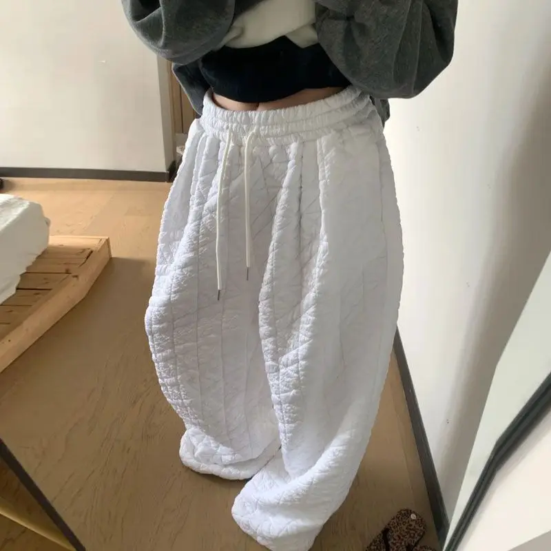 

Deeptown White Oversized Women Quilted Cotton Pants High Waist Wide Leg Trousers Baggy Basic Solid Color Casual Thickened Winter