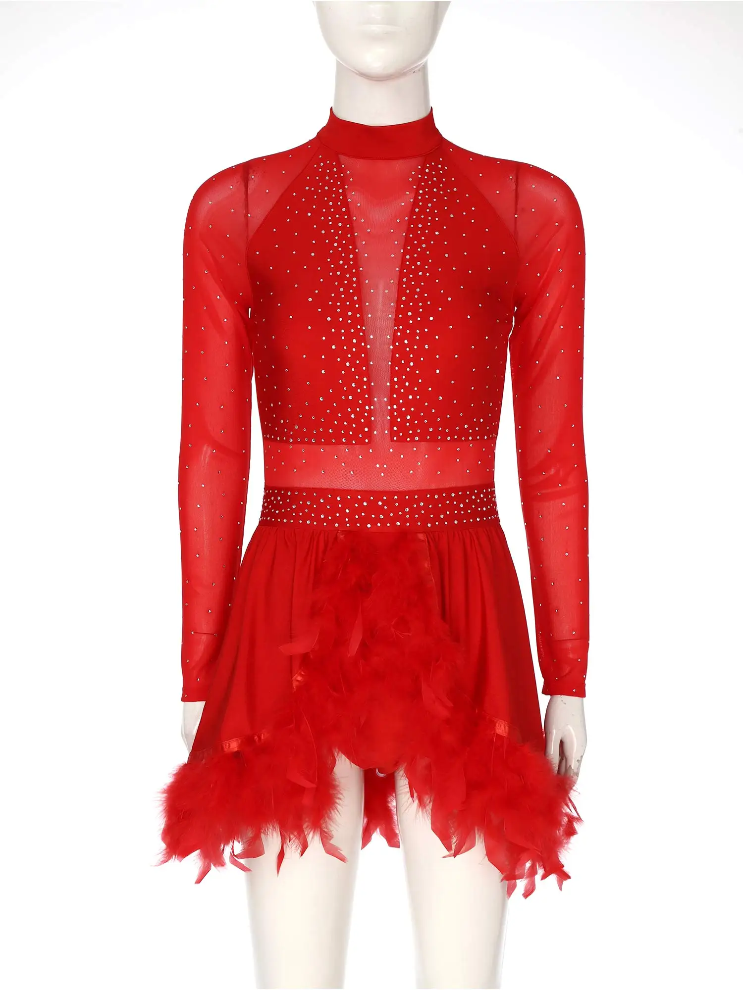 Robe de danse latine pour femmes, justaucorps de Jazz Tango, vêtements de danse Samba Rumba, strass, maille transparente, manches longues, coupe au dos, ourlet en plumes