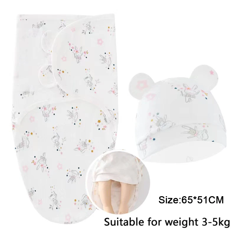 Zíper bebê cobertor chapéu conjunto dos desenhos animados impresso algodão recém-nascido swaddle ajustável infantil dormir swaddle envolve todas as estações