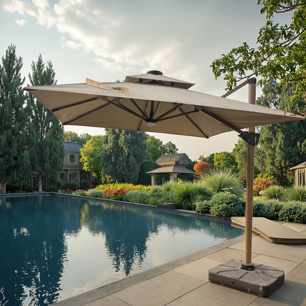 

Customized Aluminum Outdoor Beach Parasols Sun Umbrella Big Size Patio Courtyard Folding Umbrellas Garden Furniture with Lights