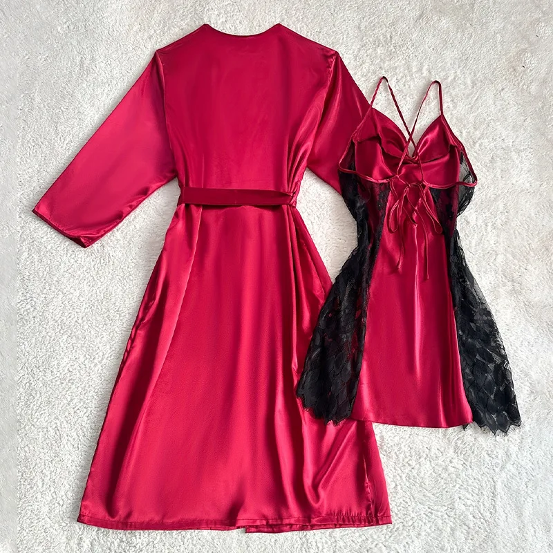 

Sexy Female 2PCS Robe Nightgown Set Chemise Sleepwear Lingerie Spring Summer New Bathrobe Kimono Gown Loose Silk Satin Homewear
