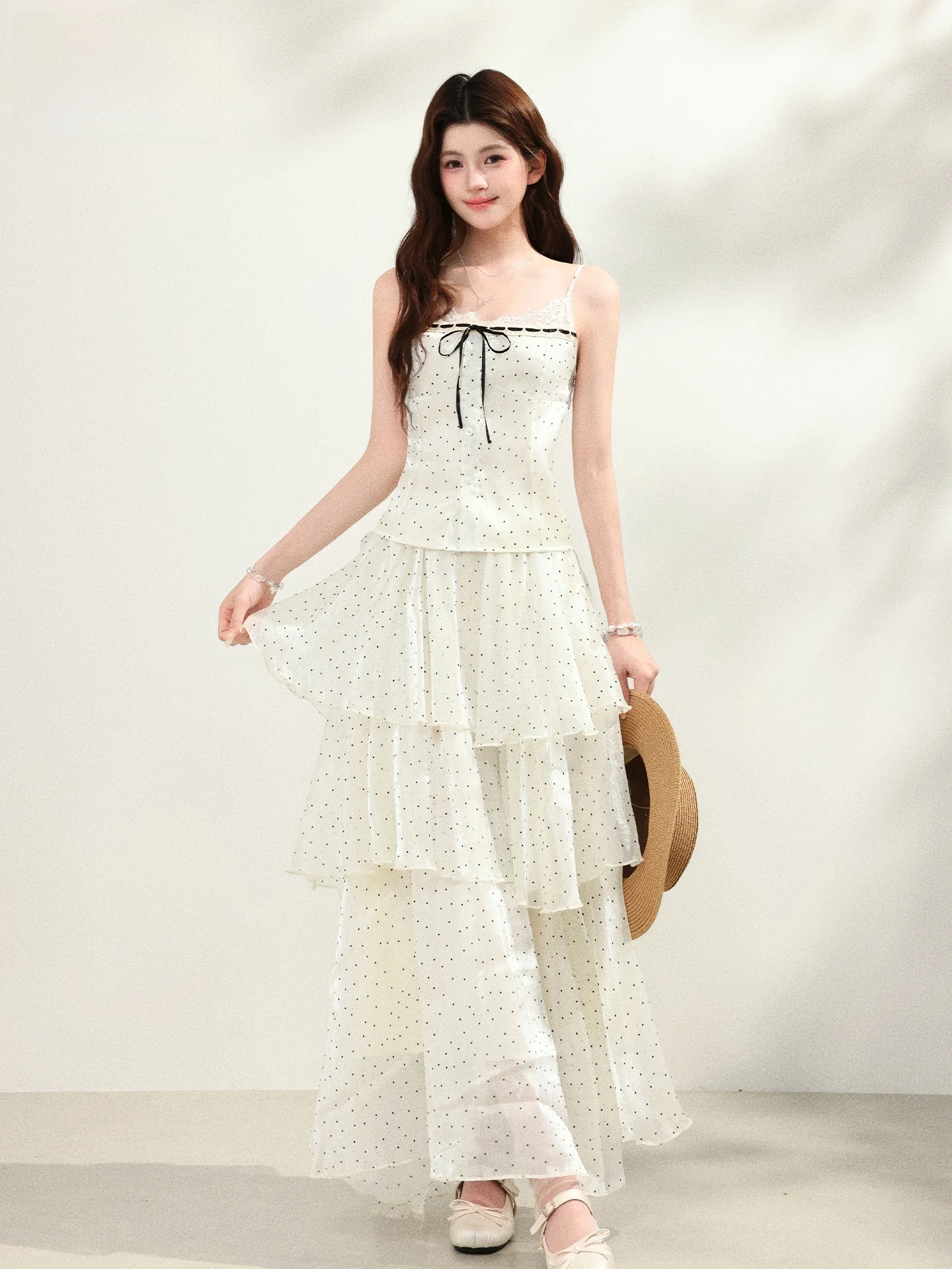 

Summer Vacation Style Polka Dot Satin Halter Midi Skirt Set Women's Loose Fit Two Piece Suit Casual Wear Sun Protection