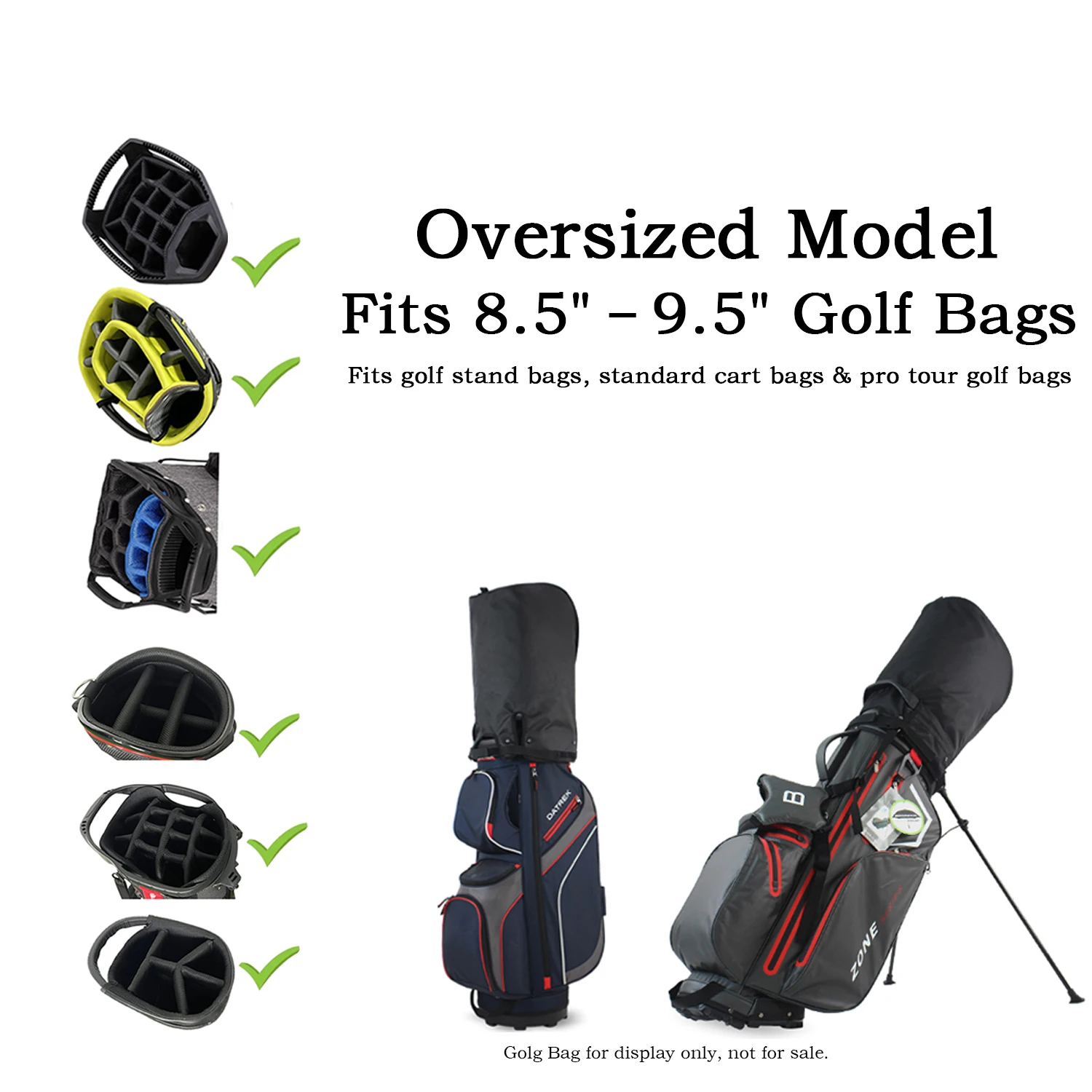 Universal Oversized Waterproof Golf Bag Hood Cover with 6 Adjustable Snaps, Fits 8.5"-9.5" Golf Bags