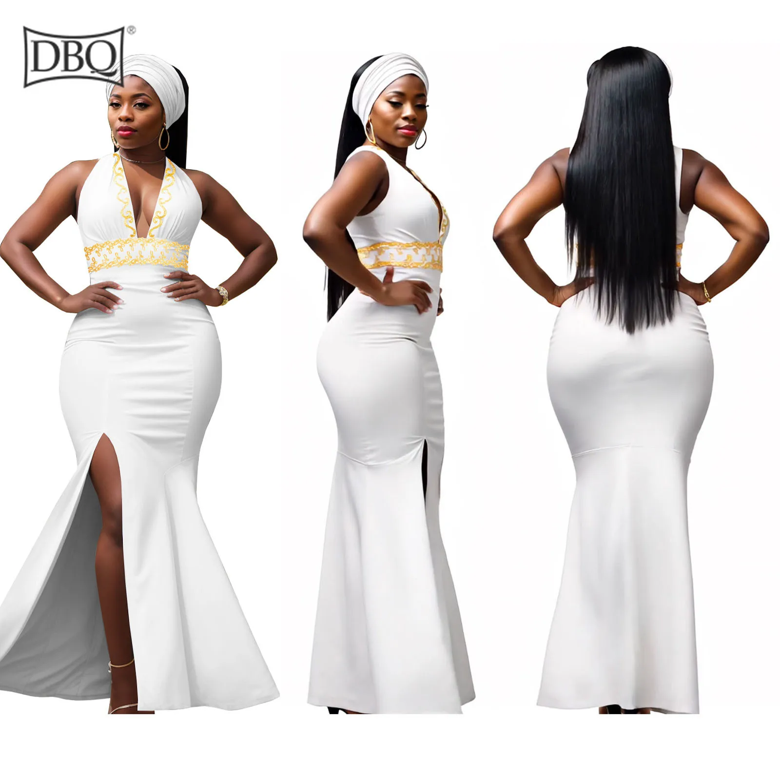 

DBQ African Dresses for Women High Waist Embroidery Maxi Dress Match Headscarf Elegant Slip Dress