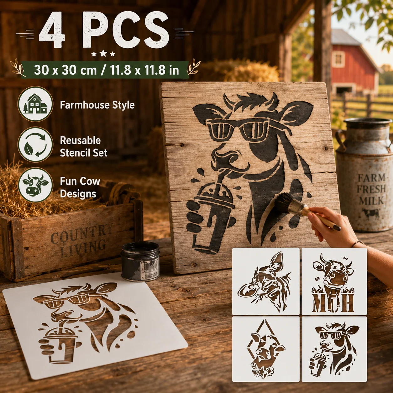 4PCS 11.8x11.8 Inch Cow Stencils Set Farmhouse Animal Painting Templates for Wall Wood Fabric Journal DIY Home Decor