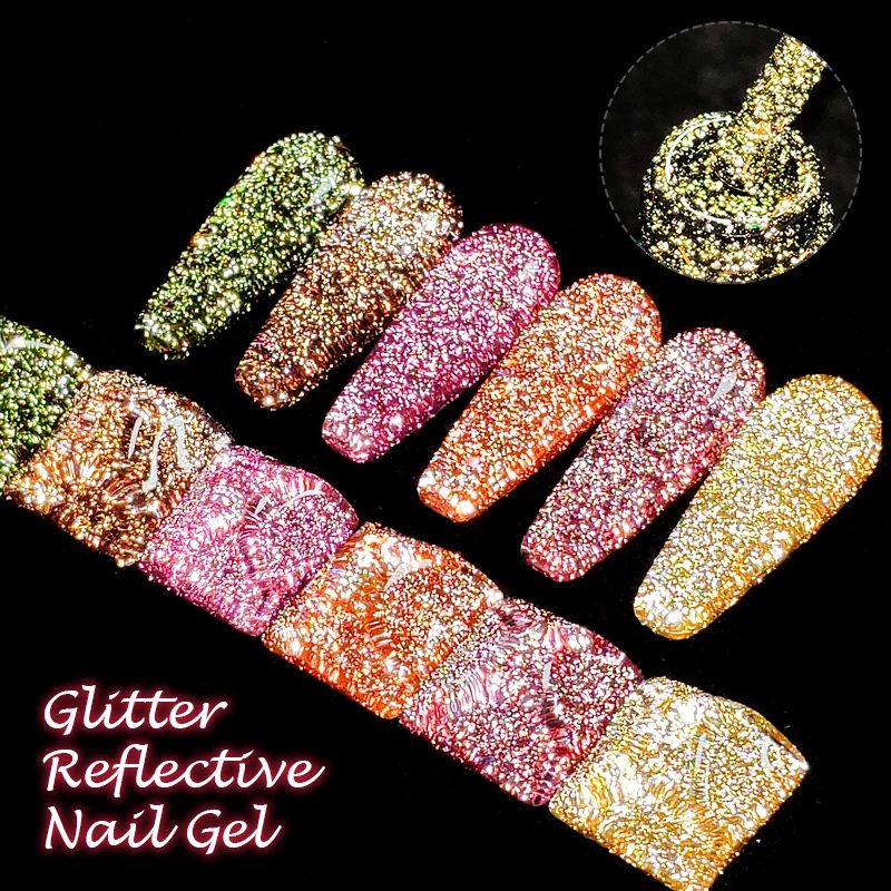 MEET ACROSS 7ml Reflective Fluorescent Gel Nail Polish Flashy Glitter Semi Permanente Verniz Para Manicures Necessidade Base Top Coat