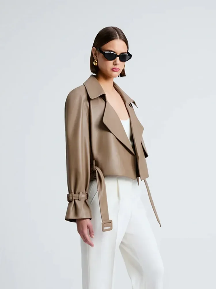 

Women Leather Belt Lapel Short Jackets Casual Long Sleeve Button High Waist Coats Female Fashion High Street Daily New Outfits
