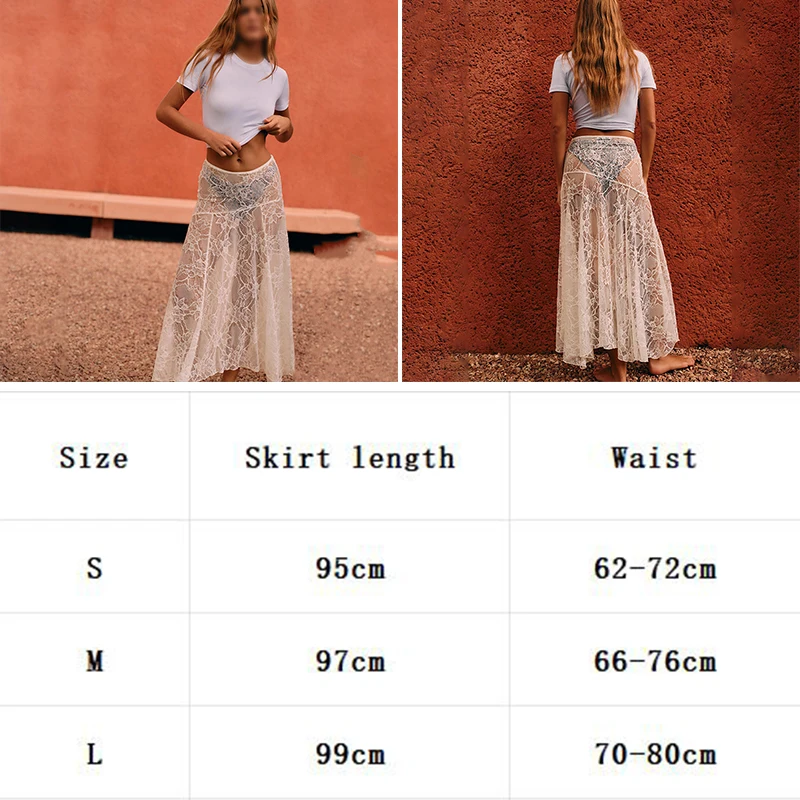 

White Lace Maxi Skirt Women Sexy See Through Beach Bikini Cover Up Skirts Summer Casual Loose High Waist Holiday Skirt Innerwear