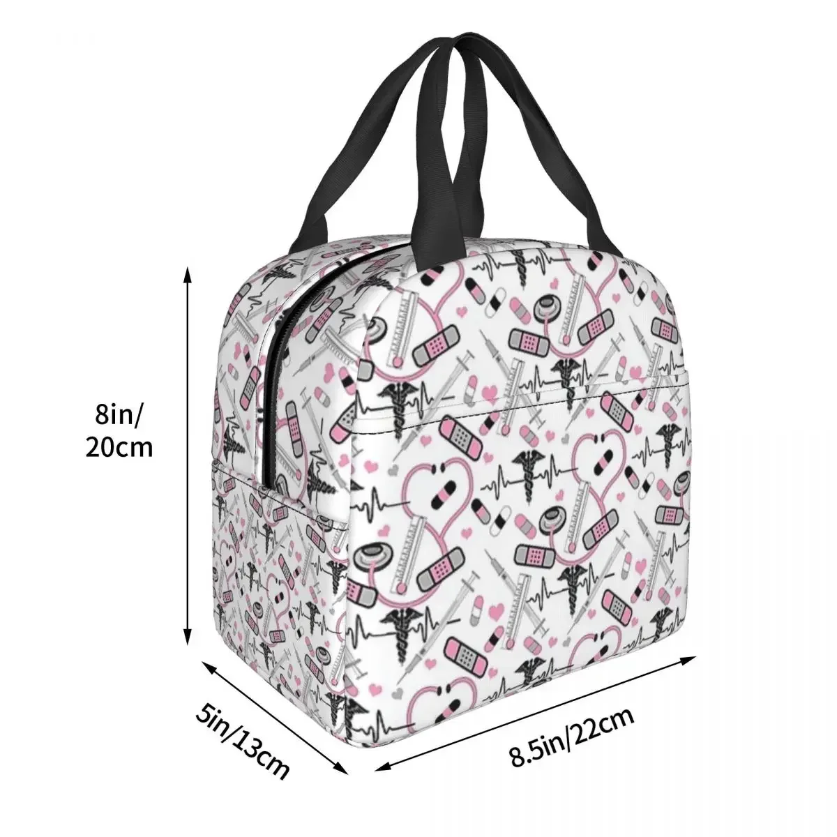 Cute Stethoscope Nurse Doctor EKG Pattern Insulated Lunch Bags Resuable Picnic Bags Lunch Tote for Woman Work Children School