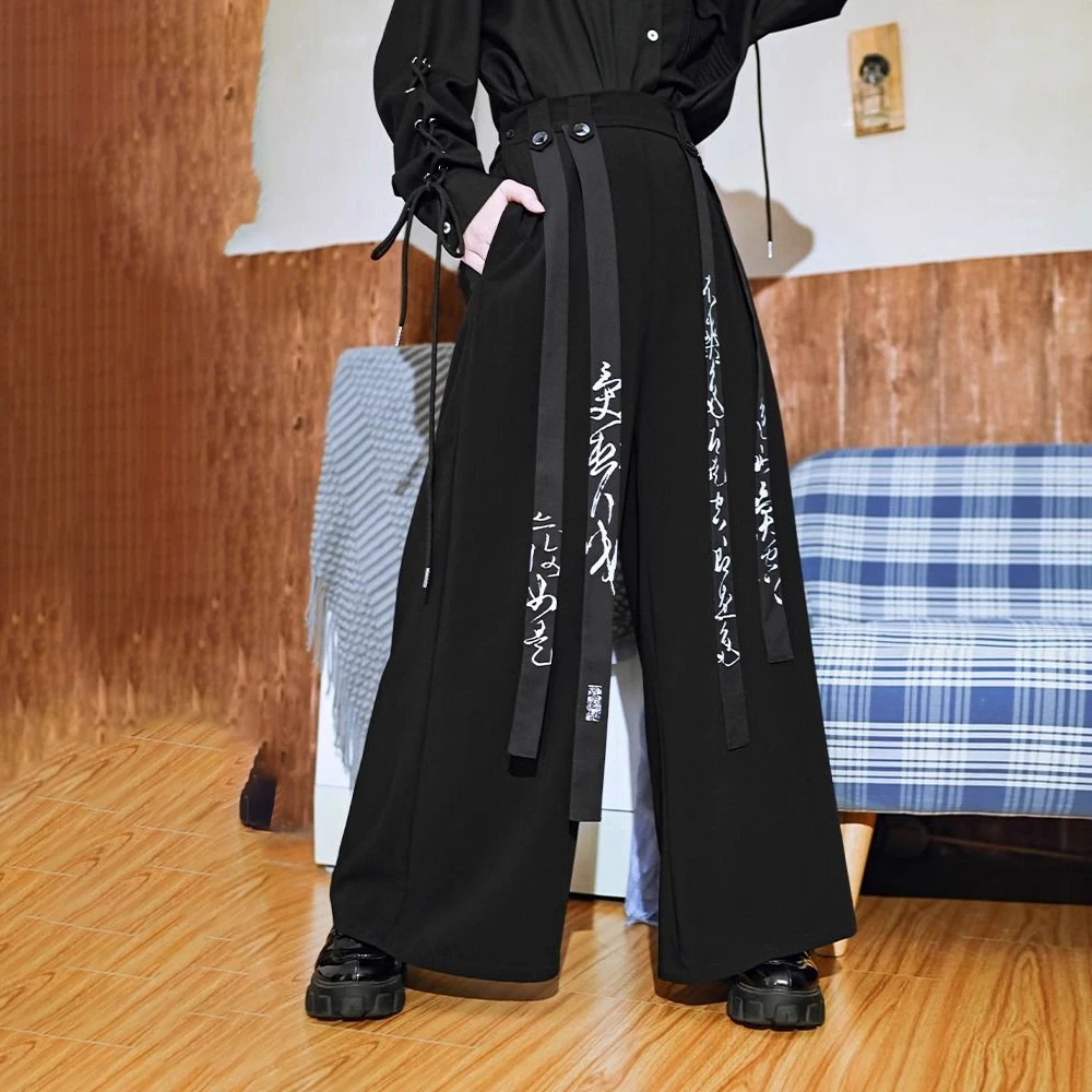 Y2k Calligraphy Ribbon Skirt Pants Gothic Dark Style Hakama Genderless Japanese Streetwear Casual Wide-Leg Samurai Pants Unisex