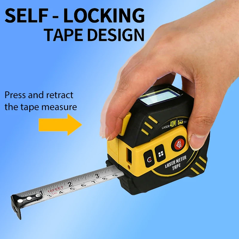 محدد المدى بالليزر 2 في 1 لشحن USB، 131 قدمًا/262 قدمًا، مع شريط قياس 16 قدمًا، شاشة LCD، أوضاع قياس متعددة وحدة