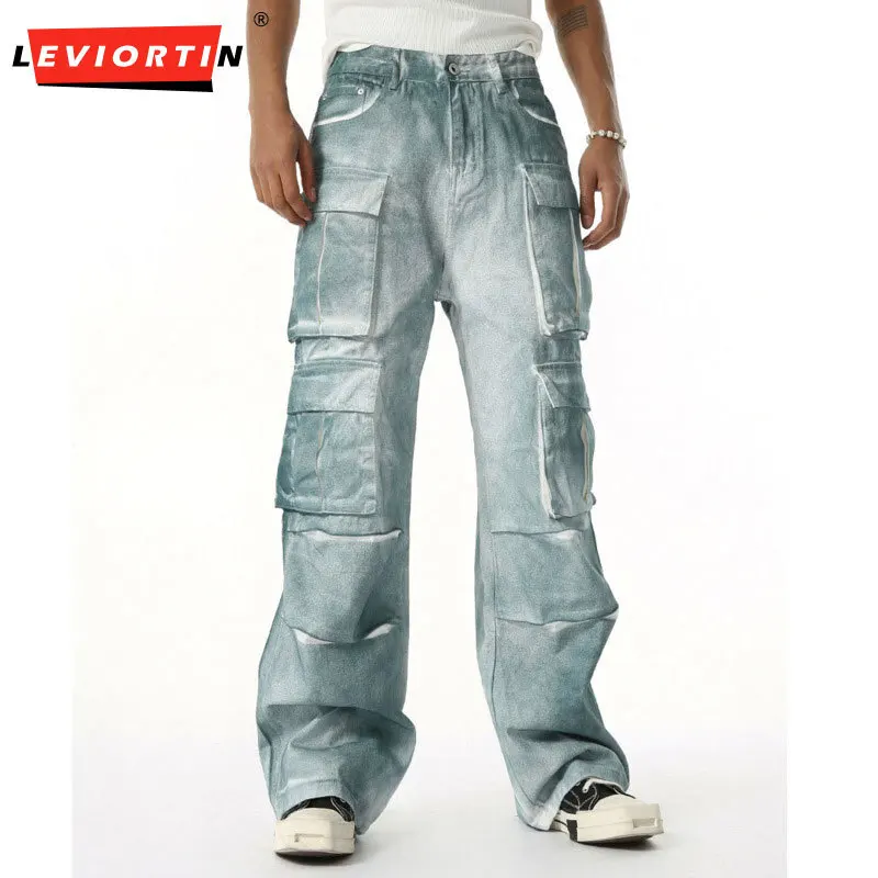 

Men's fashion new niche heavy industry gradient spray color distressed multi pocket design wide leg work pants trendy M7-D-801