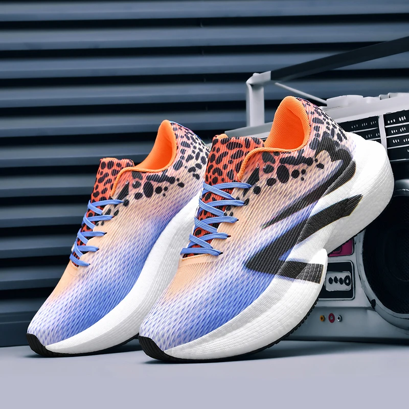 Herren-Freizeitsportschuhe, farbenfrohe Laufschuhe mit Leopardenmuster und Farbverlauf, dicke Sohle, hohe Dämpfung, atmungsaktive Laufschuhe mit feinem Mesh-Material, rutschfest und abriebfest, ideal für Langstreckenläufe, Fitness-Training, tägliche Anlässe und Reisen, trendige Unisex-Schuhe. – Detail 25