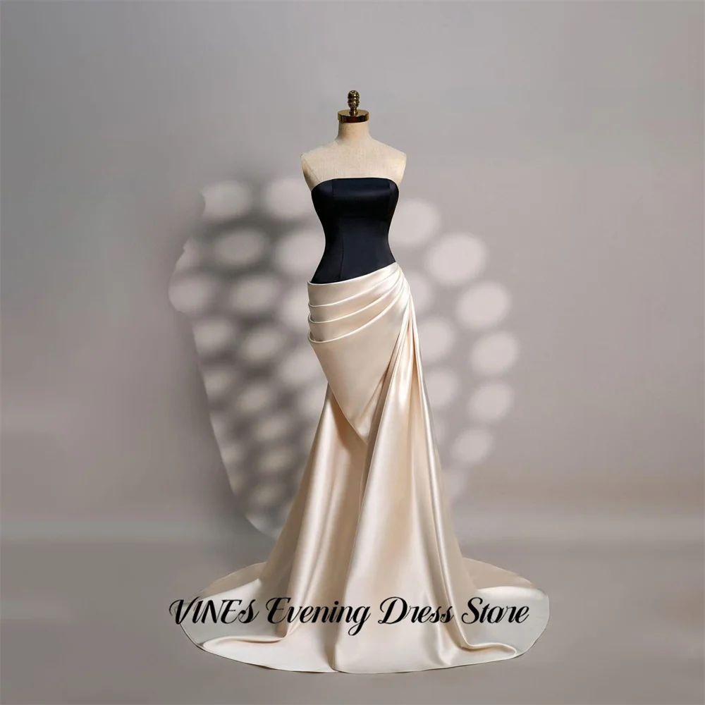 

VINES Black and Champagne Formal Gown Strapless Prom Dresses with Draped Satin Evening Dress Mermaid Modern Style Customized