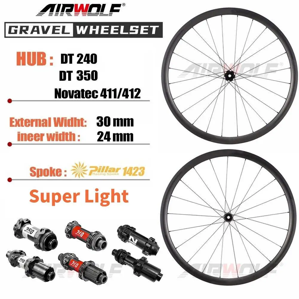 AIRWOLF 700c Road Bike Wheels DISC DT350 DT240 Hubs Carbon Wheelset Pillar 1423 Gravel Wheels Super Light 30mm Tubeless Hook rim