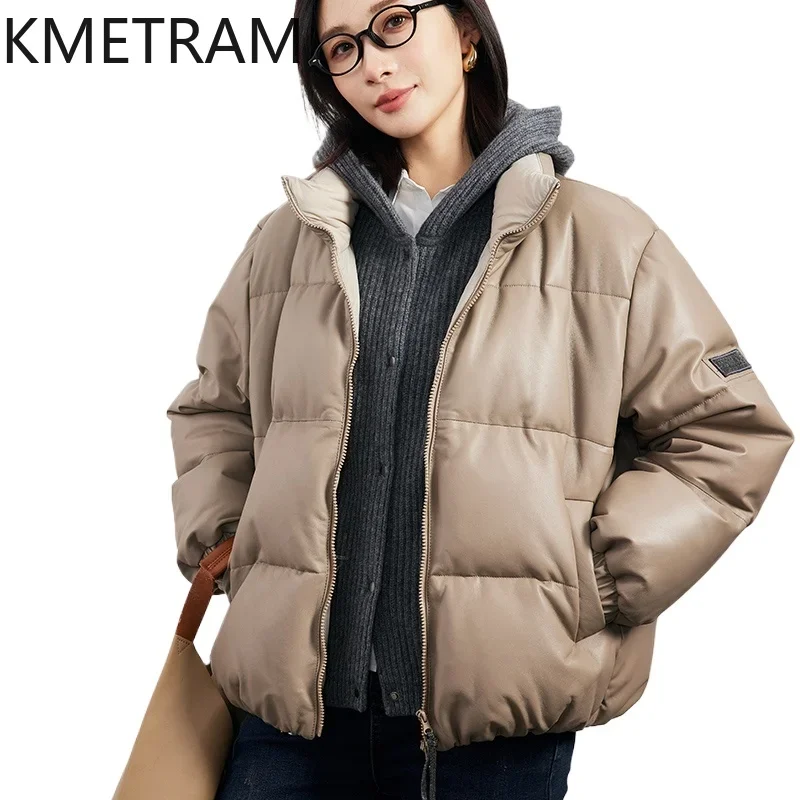 White Goose Down Puffer Jacket Women 100% Sheepskin Short Leather Jacket with Hood New in Odzież wierzchnia Odzież zimowa 2024 пуховик