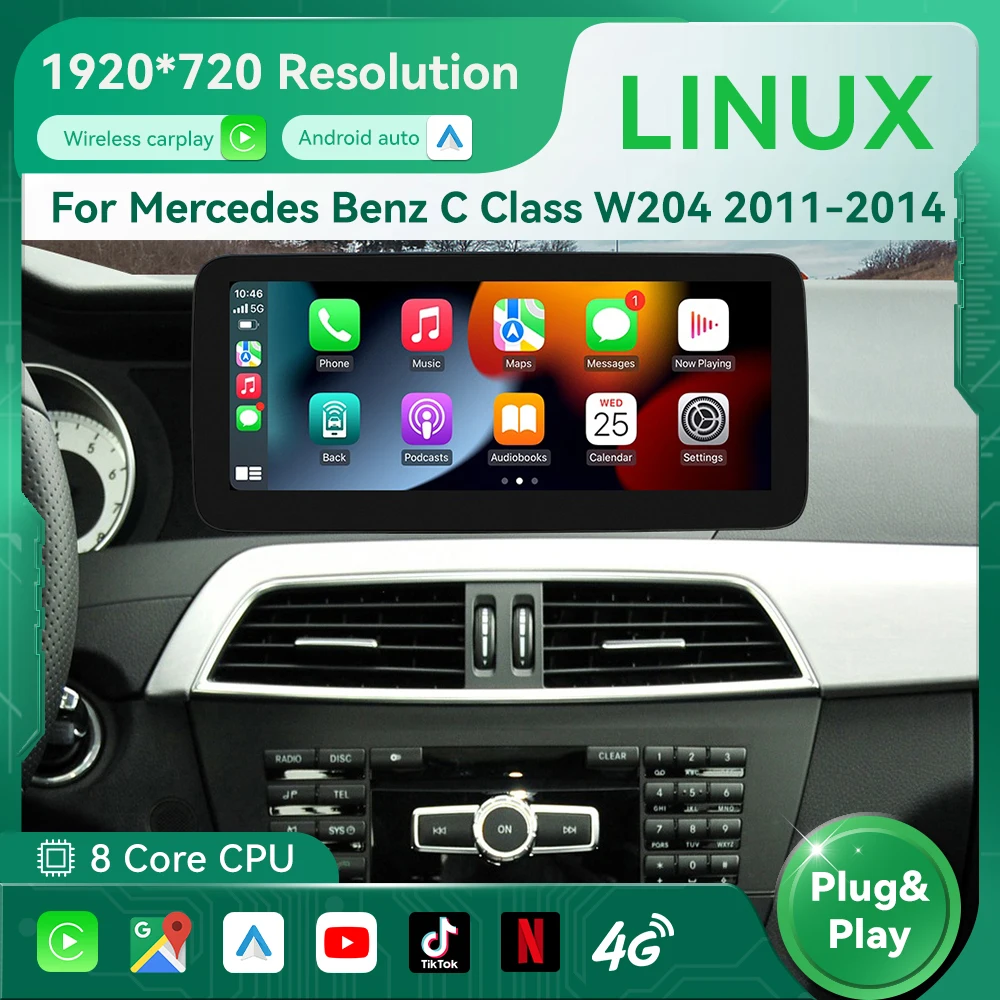 10.25 Inch For Mercedes Benz C Class W204 2011-2014 Android Auto Wireless Carplay Linux System Car Multimedia Touch Screen Radio