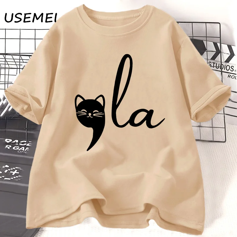 

Comma La Childless Cat Lady T Shirt Women Men Casual Loose Cotton T-shirt Round Neck Fashion Graphic Tee Streetwear