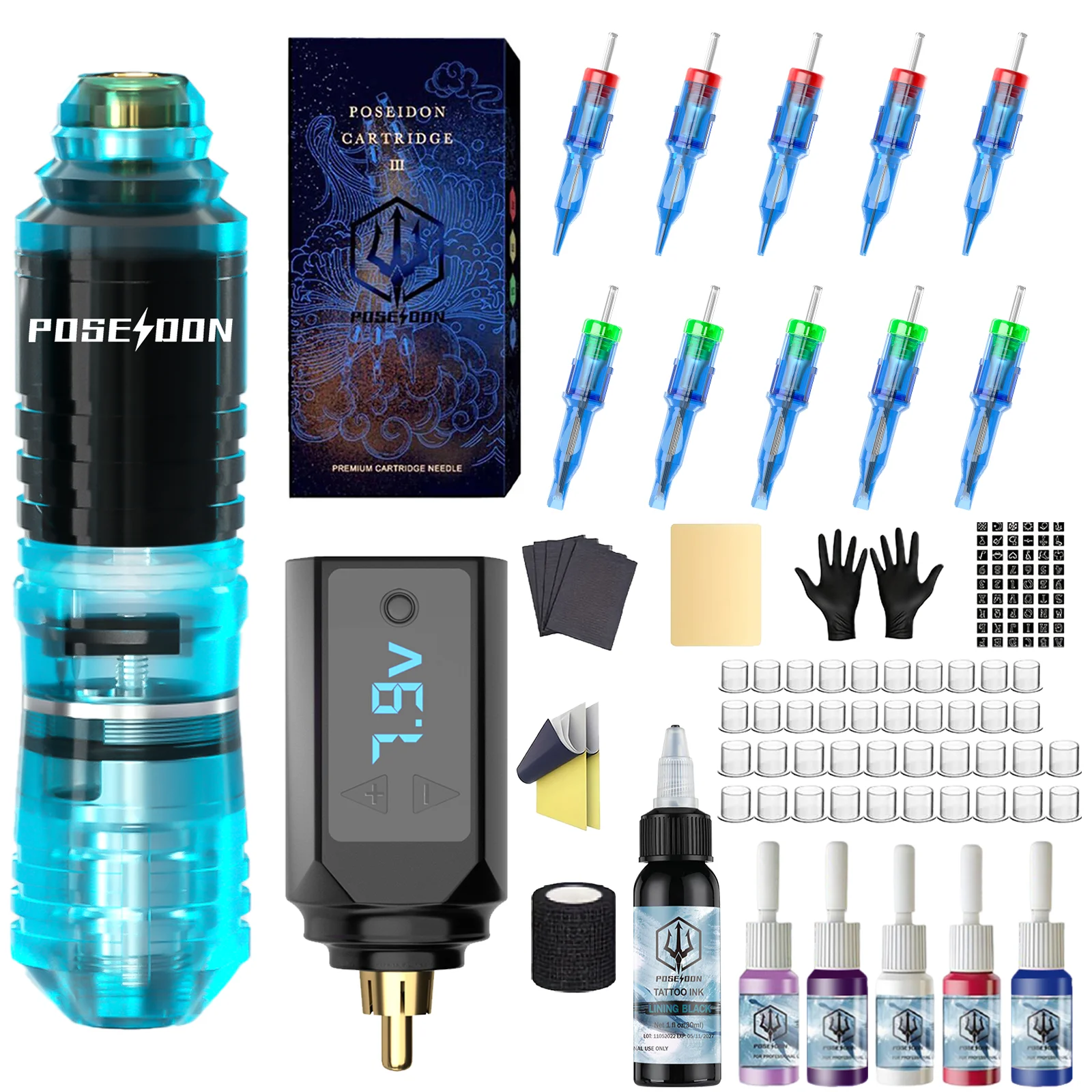 مجموعة أدوات الوشم POSEIDON مجموعة أقلام الوشم الزرقاء الجديدة لآلة الوشم الدائم طقم مسدس الوشم اللاسلكي لإمداد الطاقة