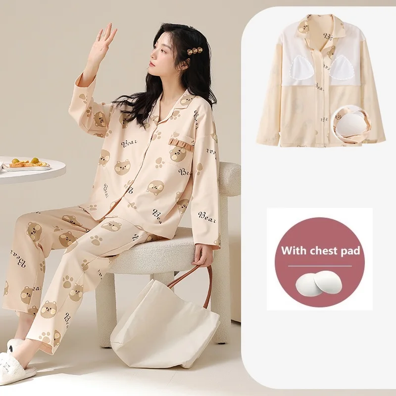 With chest pad spring cardigan pyjamas new full cotton long-sleeved long trousers ladies pajamas suit bow print sleepwear women