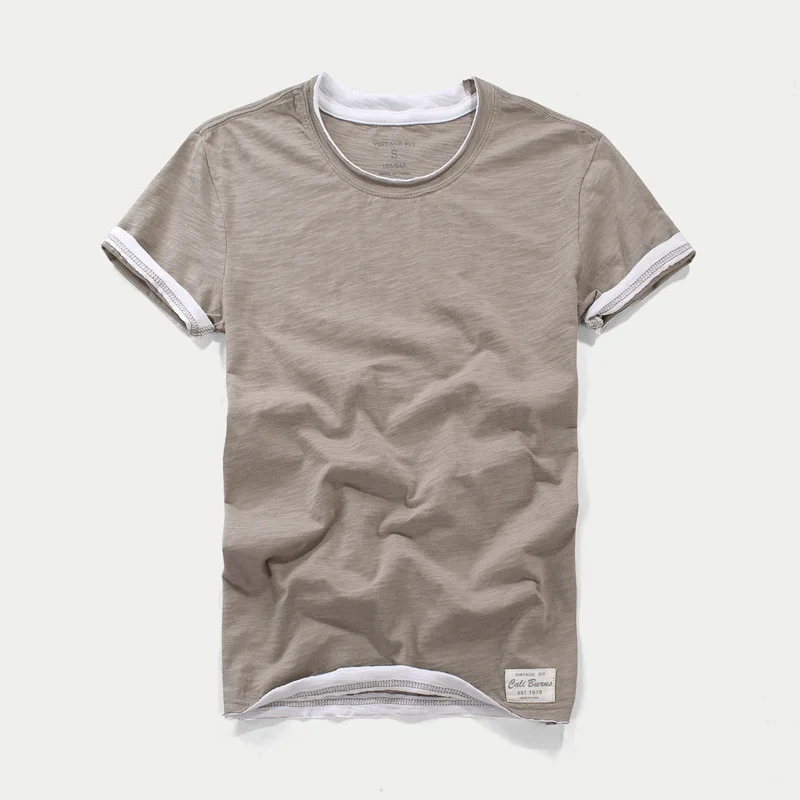 Men's Fake Two-piece V-neck Long Sleeve T-shirt Bamboo Slub Cotton Slim Fit Solid Color Basic Tee Casual Autumn Layering Tops