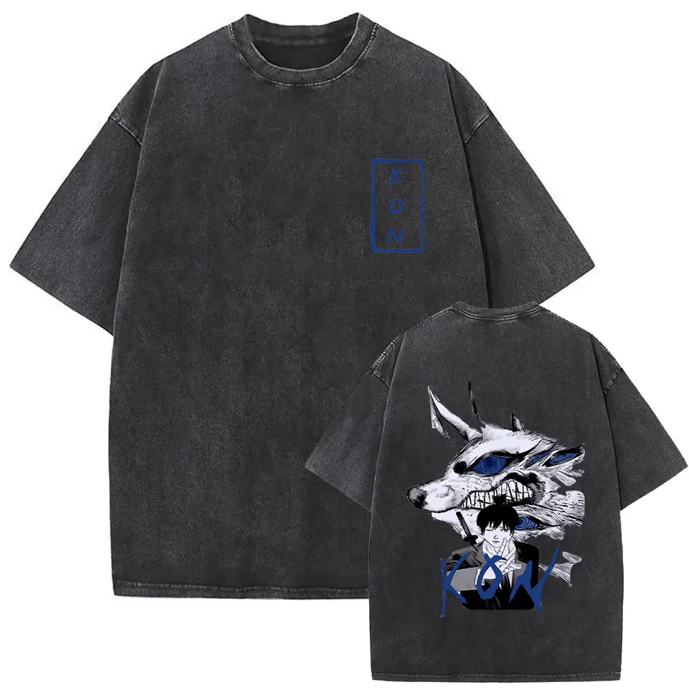 Washed Vintage Men Women Manga Casual Cotton T-shirts Anime Chainsaw Man Hayakawa Aki Summon Kon Fox Devil Graphic T Shirt Tops